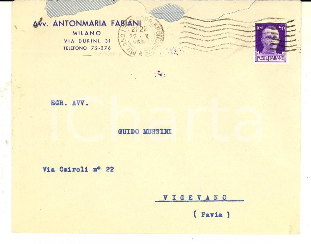 Cartolina originale da collezione 1943 STORIA POSTALE MILANO Busta Antonmaria FABIANI cent. 50 imperiale isolato 1