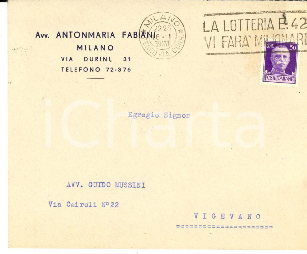 Cartolina originale da collezione 1939 STORIA POSTALE Busta Antonmaria FABIANI cent. 50 imperiale LOTTERIA 1