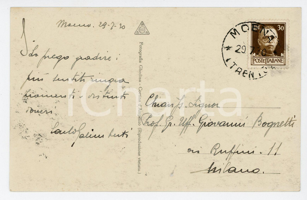 Cartolina originale da collezione 1930 MOENA Veduta in VAL DI FASSA Cartolina Carlo GALIMBERTI al prof. BOGNETTI 1