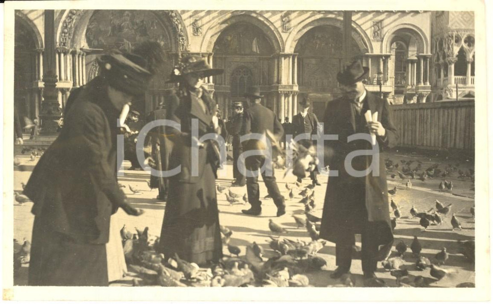 Fotografia d epoca originale 1910 ca VENEZIA Piazza SAN MARCO Turisti tra i piccioni Foto 14x9 cm 1