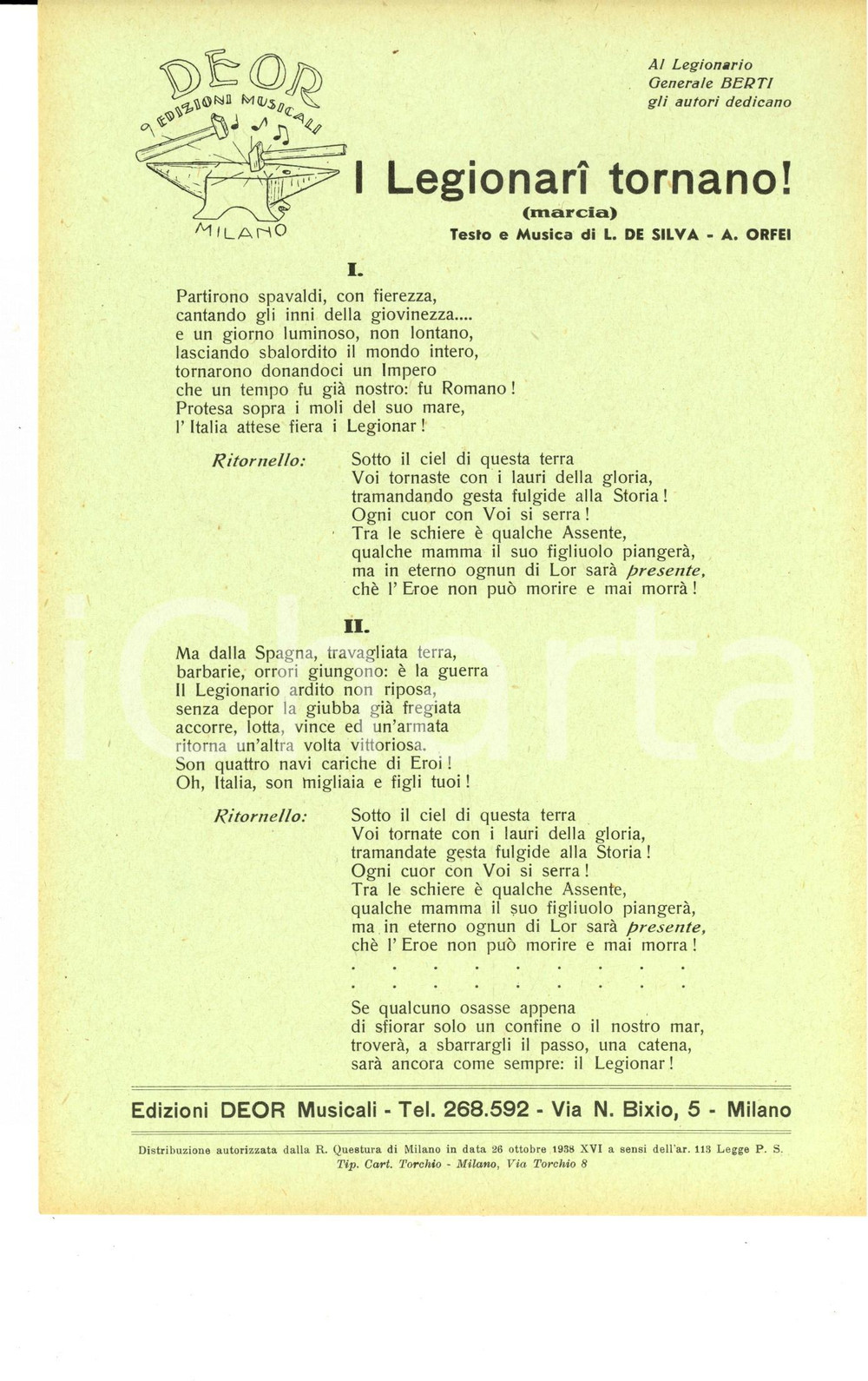 1938 L. DE SILVA - A. ORFEI I Legionari tornano! *Volantino con testo canzone   CONDIZIONI: G  originale e autentica 1
