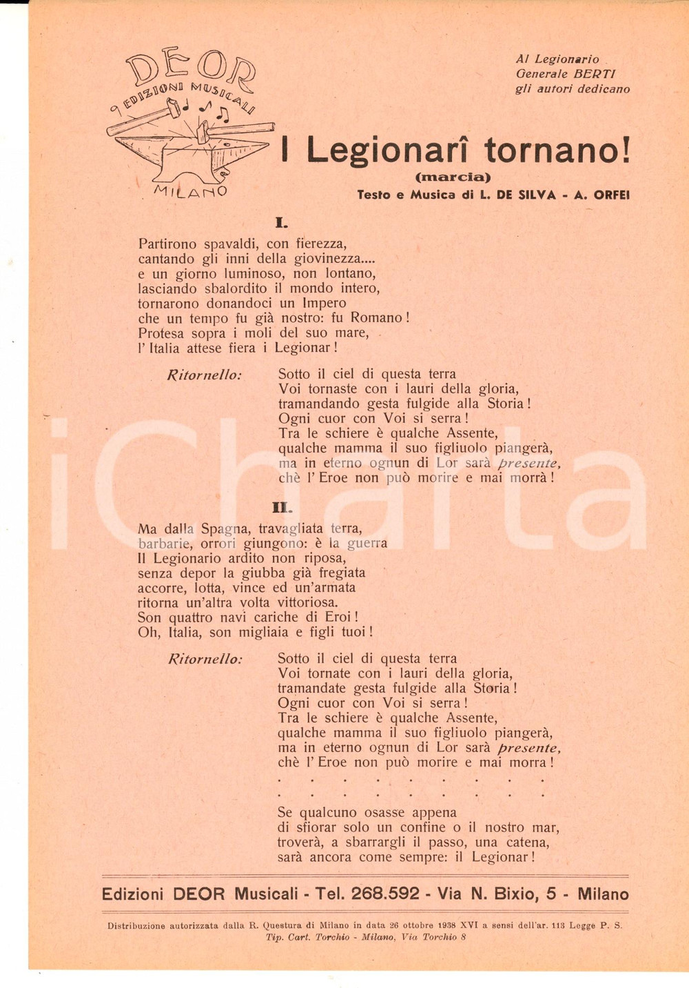 Oggetto da collezione cartaceo 1938 L. DE SILVA / A. ORFEI I Legionari tornano! Volantino con testo canzone 1