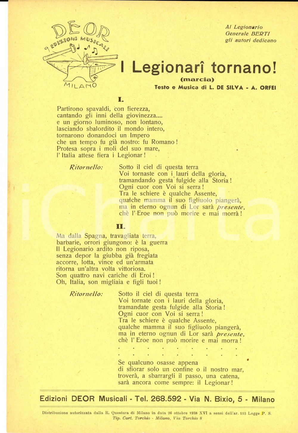 Oggetto da collezione cartaceo 1938 L. DE SILVA  A. ORFEI I Legionari tornano! marcia Volantino canzone 1