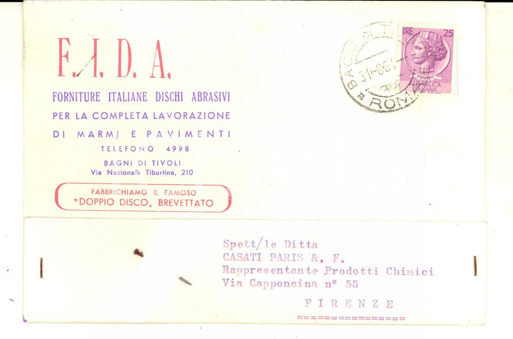 Cartolina originale da collezione 1961 BAGNI DI TIVOLI Ditta F.I.D.A. Dischi abrasiviCartolina intestata FG VG 1