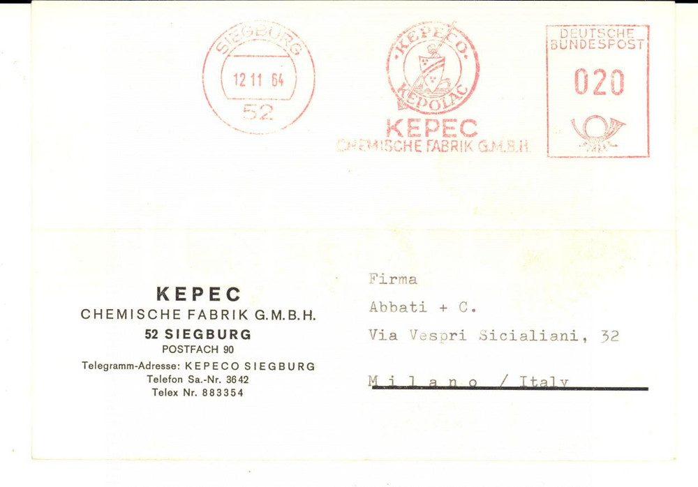 Cartolina originale da collezione 1964 SIEGBURG KEPEC Chemische Fabrik Cartolina intestata FG VG 1