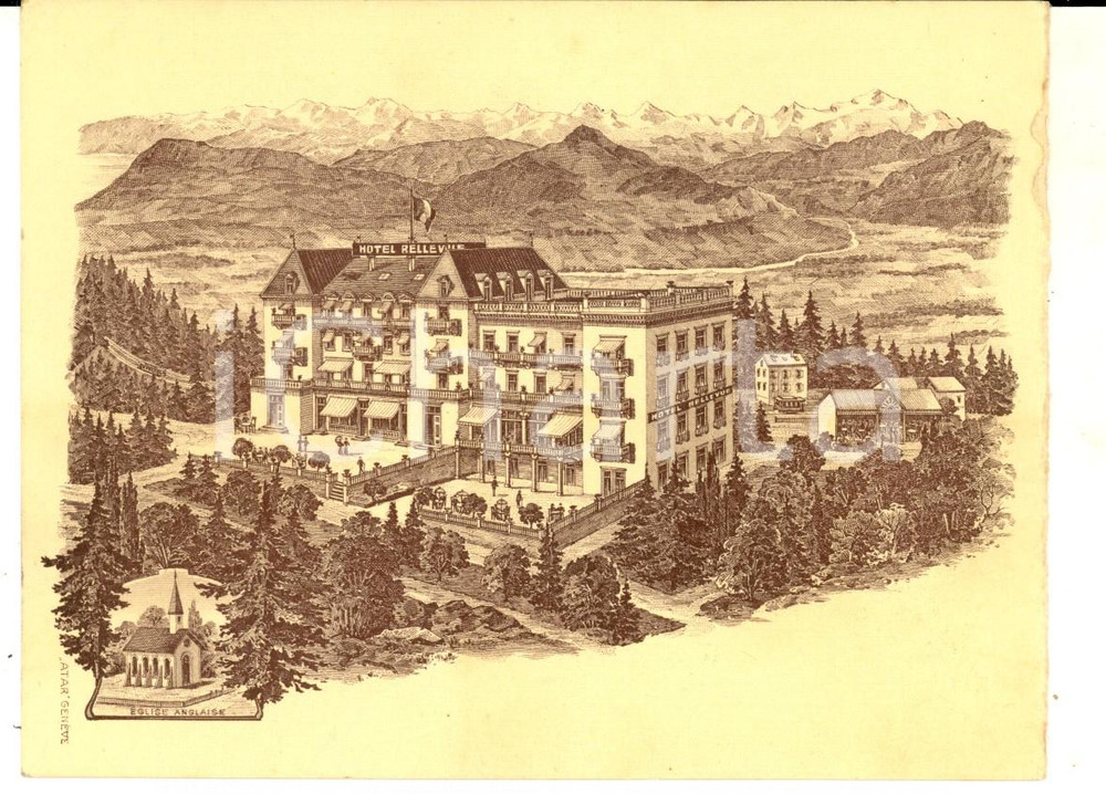 Materiale pubblicitario d’epoca 1915 ca GENEVE Hotel BELLEVUE  Cartoncino pubblicitario VINTAGE 14x11 cm 1