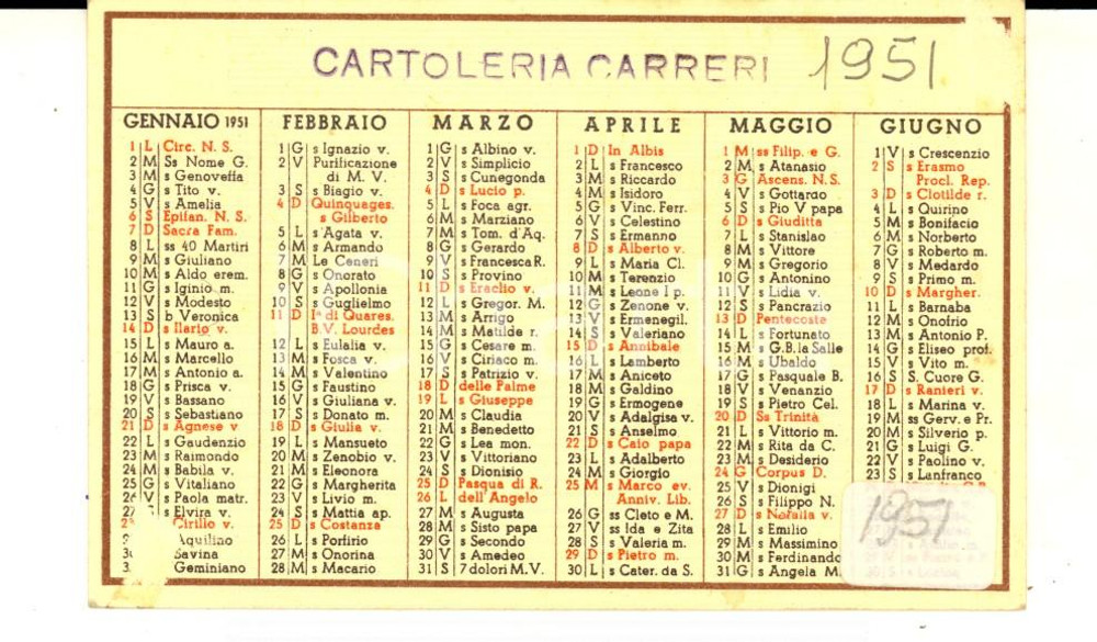 Oggetto da collezione cartaceo 1951 MILANO ? Calendarietto tascabile CARTOLERIA CARRERI Pubblicitario 1