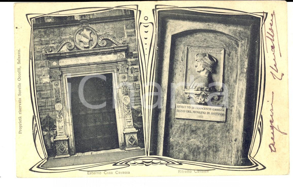 Cartolina originale da collezione 1904 SALUZZO CN Esterno di Casa CAVASSA con ritratto Cartolina FP VG 1