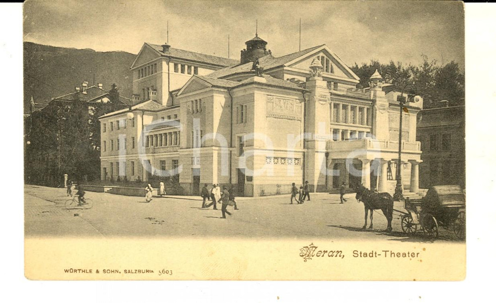 Cartolina originale da collezione 1900 ca MERANO BZ Teatro cittadinoCartolina ANIMATA carrozza FP NV 1