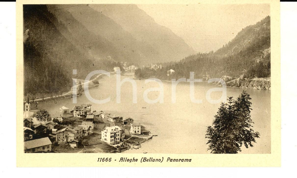 Cartolina originale da collezione 1930 ca ALLEGHE BL Panorama del paese con il lago  Cartolina FP NV 1