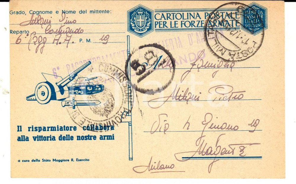 Cartolina originale da collezione 1943 WW2 6°Raggruppamento ARTIGLIERIA D ARMATA Cartolina Gino MILANI Franchigia 1