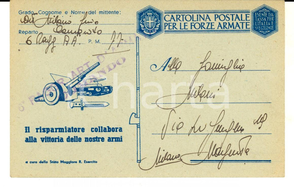 Cartolina originale da collezione 1943 WW2 6°Raggruppamento ARTIGLIERIA D ARMATA Cartolina Gino MILANI Franchigia 1
