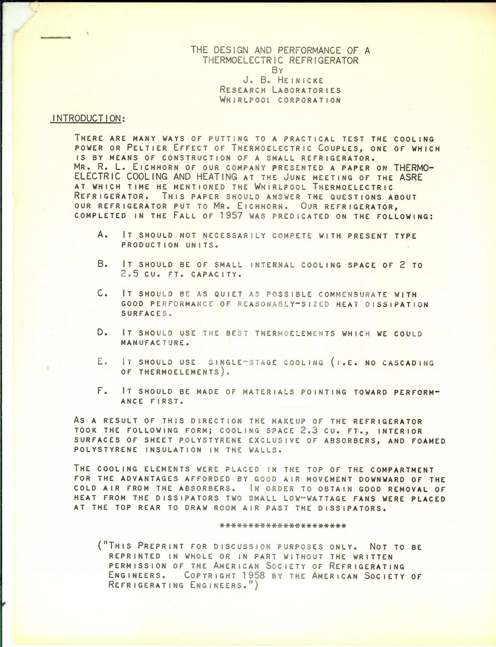 Materiale pubblicitario d’epoca 1958 WHIRLPOOL  J. B. HEINICKE Performance of a thermoelectric refrigerator 1