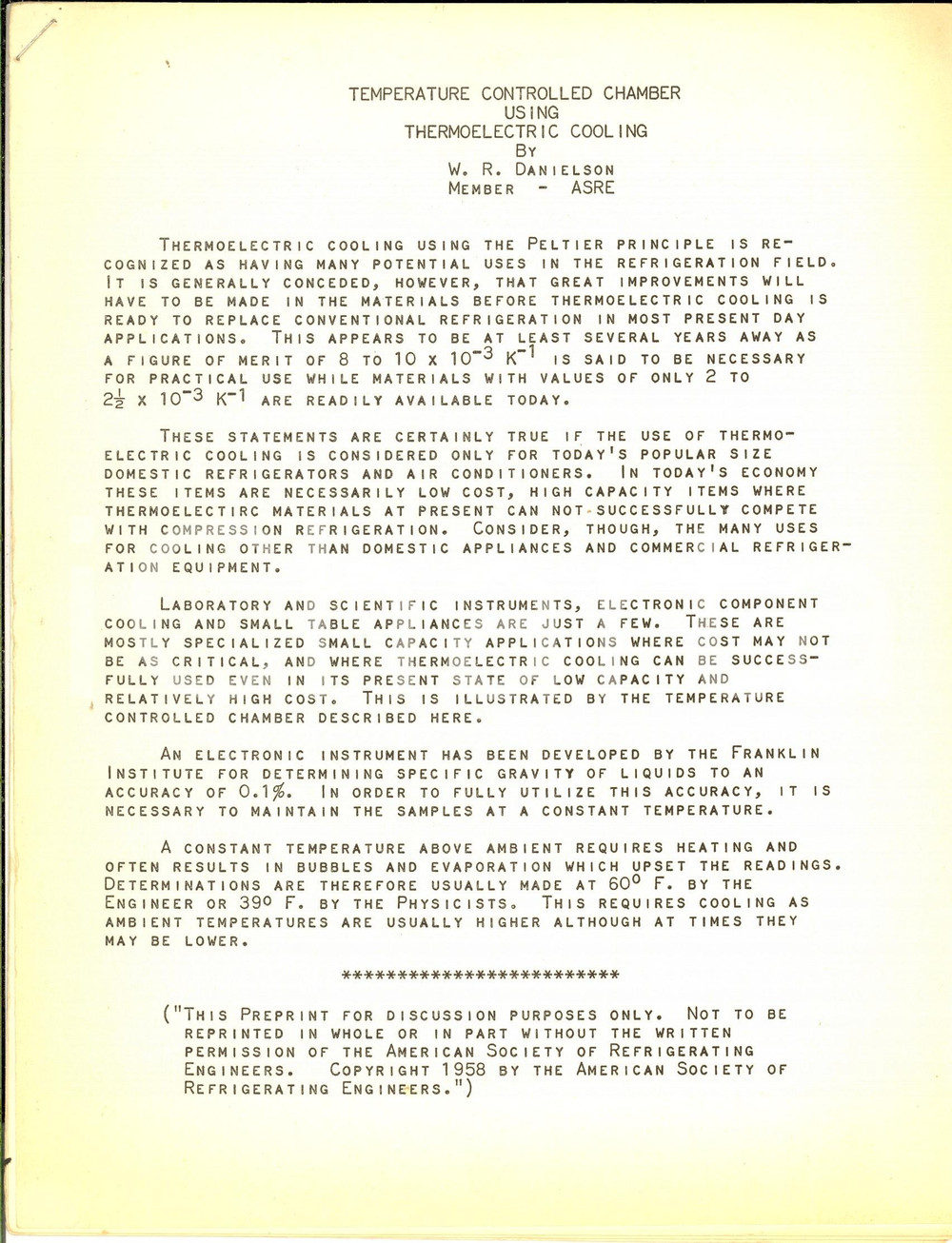Materiale pubblicitario d’epoca 1958 ASRE DANIELSON Temperature controlled chamber using thermoelectric cooling 1
