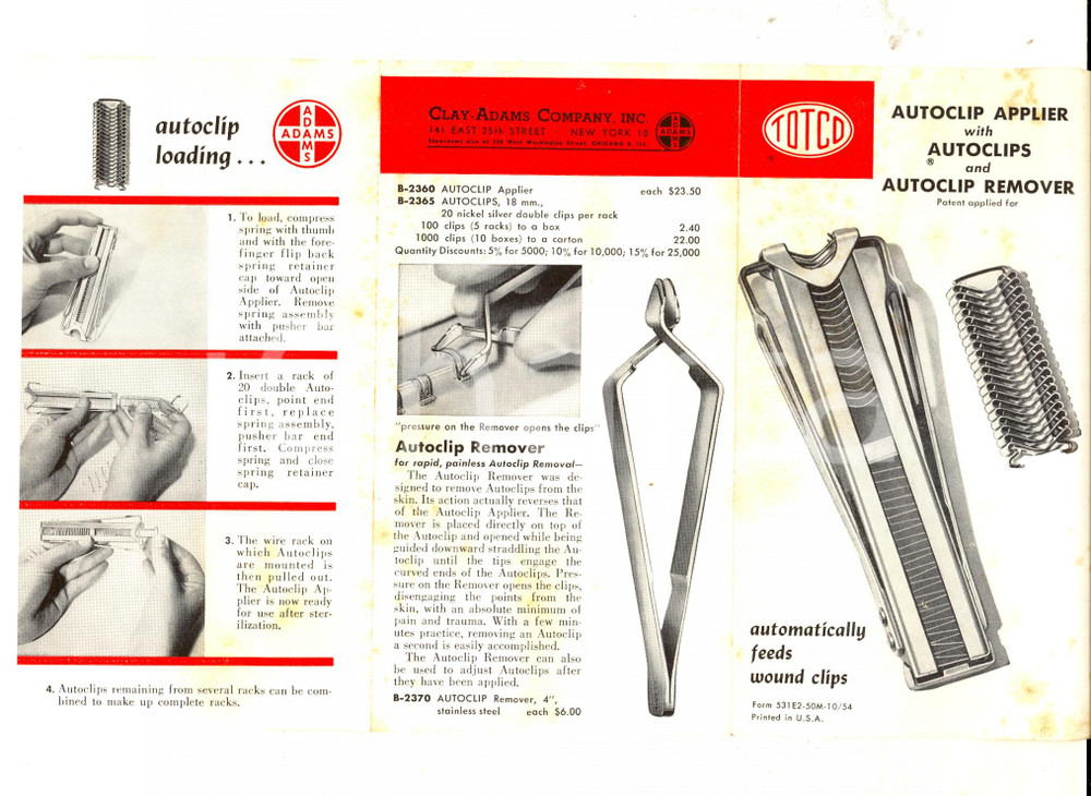 Materiale pubblicitario d’epoca 1954 NY CLAYADAMS COMPANY Autoclip applier with autoclips Brochure 1
