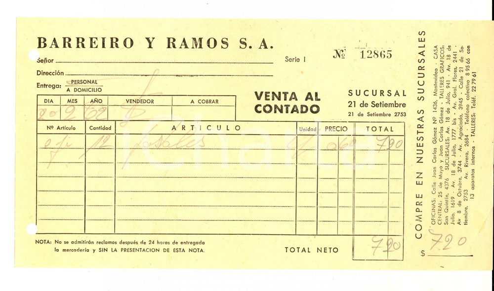 Materiale pubblicitario d’epoca 1962 MONTEVIDEO BARREIRO Y RAMOS S. A. Venta al contado  Nota 1