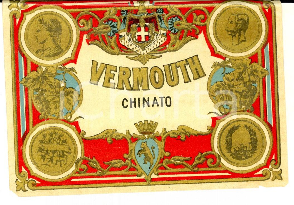 Materiale pubblicitario d’epoca 1950 ca LIQUORE VERMOUTH CHINATO Etichetta pubblicitaria VINTAGE 13x10 cm 1 1
