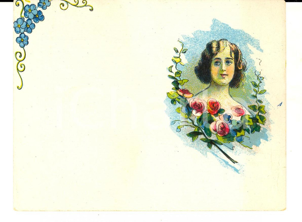 Materiale pubblicitario d’epoca 1920 ca LIQUORI Etichetta pubblicitaria con immagine femminile VINTAGE 14x10 1