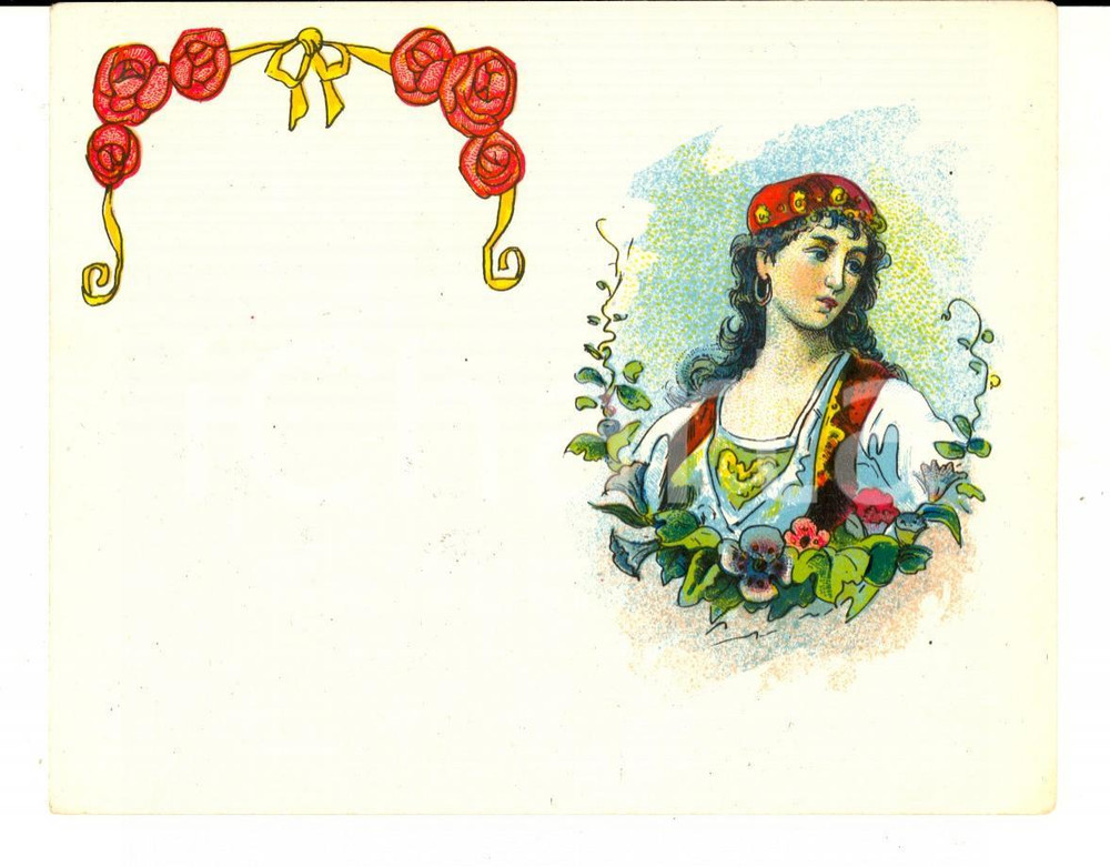 Materiale pubblicitario d’epoca 1920 ca LIQUORI Etichetta pubblicitaria con donna in costume VINTAGE 14x10 1