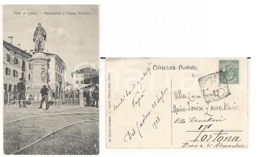 Cartolina originale da collezione 1908 PIEVE DI CADORE Monumento a Tiziano Cartolina gen. Oreste ZAVATTARI 1