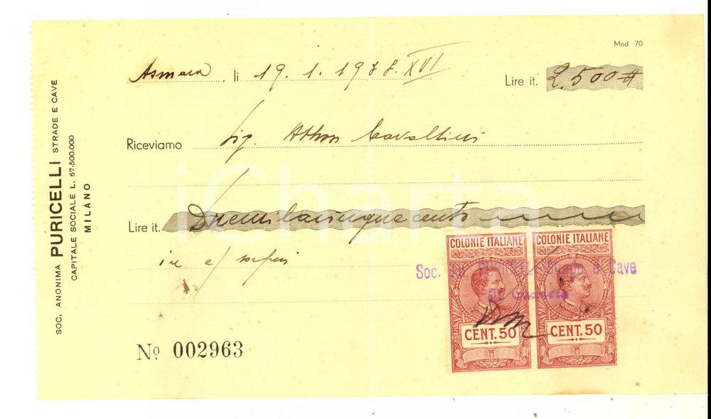 Documento originale, autentico 1938 AOI ASMARA Società Anonima PURICELLI  Assegno pubblicitario con bolli 1