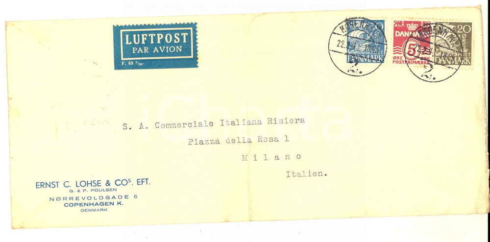Documento originale, autentico 1941 STORIA POSTALE COPENHAGEN Ernst C. LOHSE & Co. Busta VIA AEREA 1