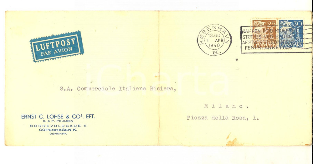 Documento originale, autentico 1940 STORIA POSTALE COPENHAGEN Ernst C. LOHSE & Co. Busta VIA AEREA 1