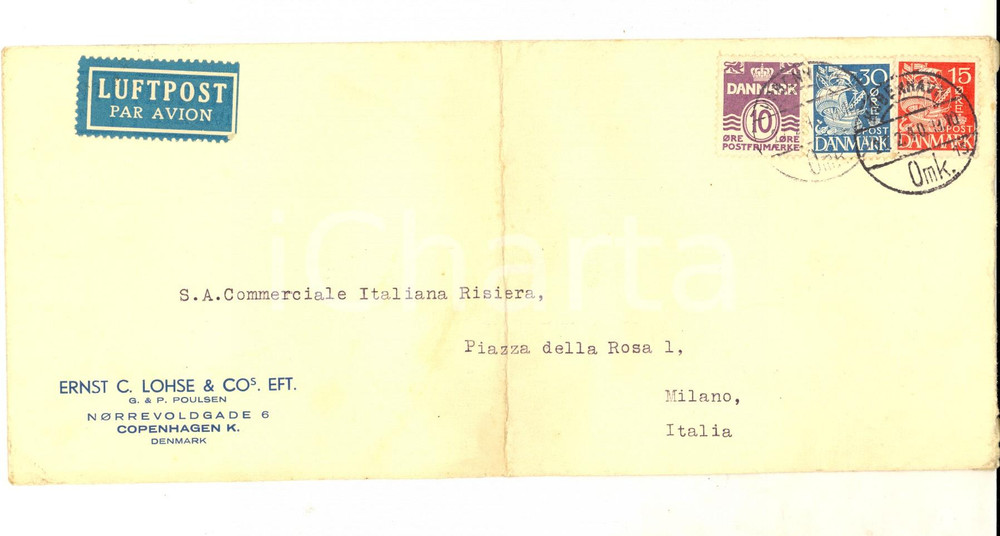 Documento originale, autentico 1940 STORIA POSTALE COPENHAGEN Ernst C. LOHSE & Co. Busta Luftpost par avion 1