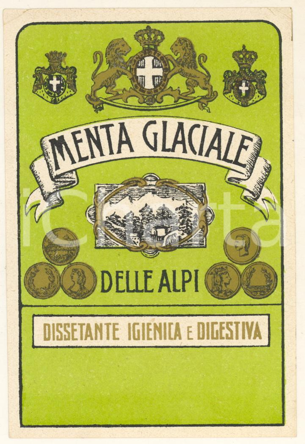 Materiale pubblicitario d’epoca 1950 ca Liquore MENTA GLACIALE DELLE ALPI Etichetta pubblicitaria VINTAGE 10x13 1