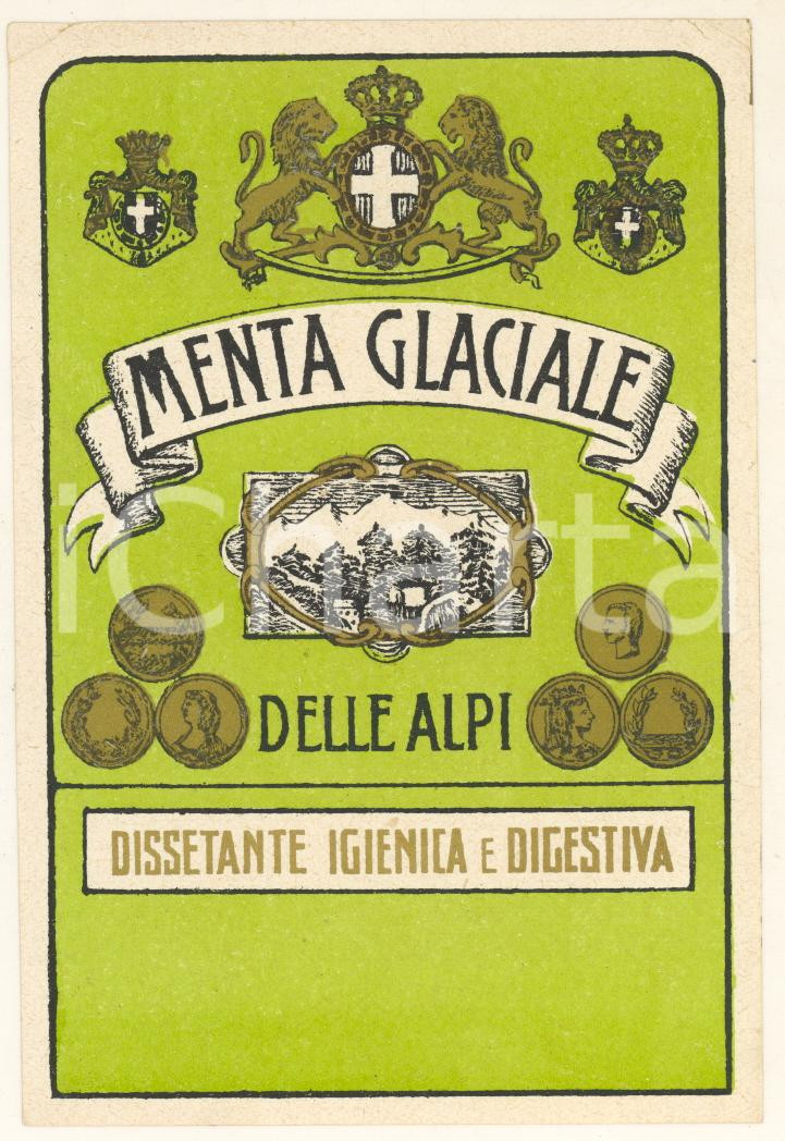 Materiale pubblicitario d’epoca 1935 ca Liquore MENTA GLACIALE DELLE ALPI Etichetta pubblicitaria VINTAGE 10x13 1