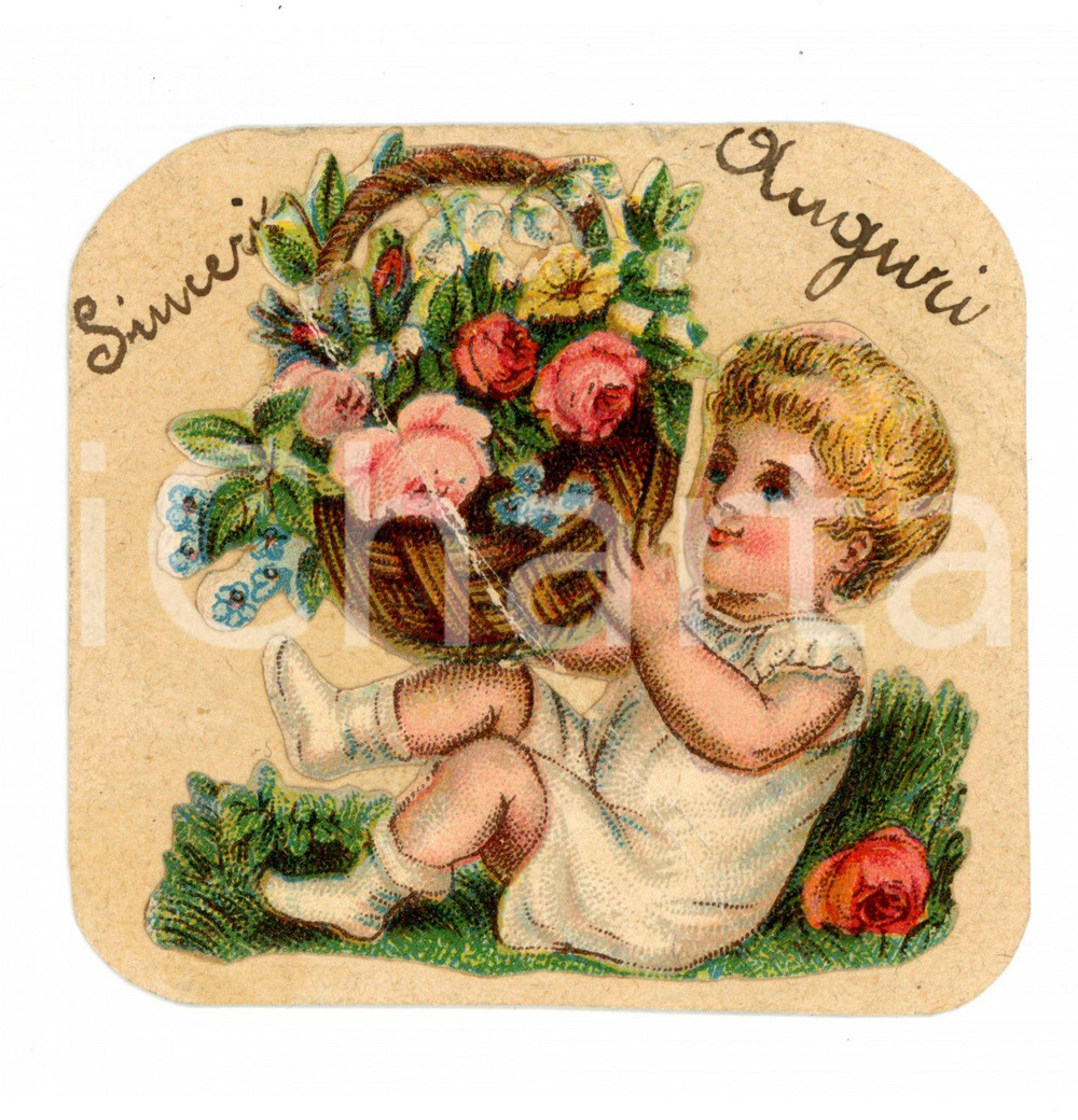 1910 ca ITALIA Biglietto di auguri con cesto floreale *COLLAGE 6x6 cm