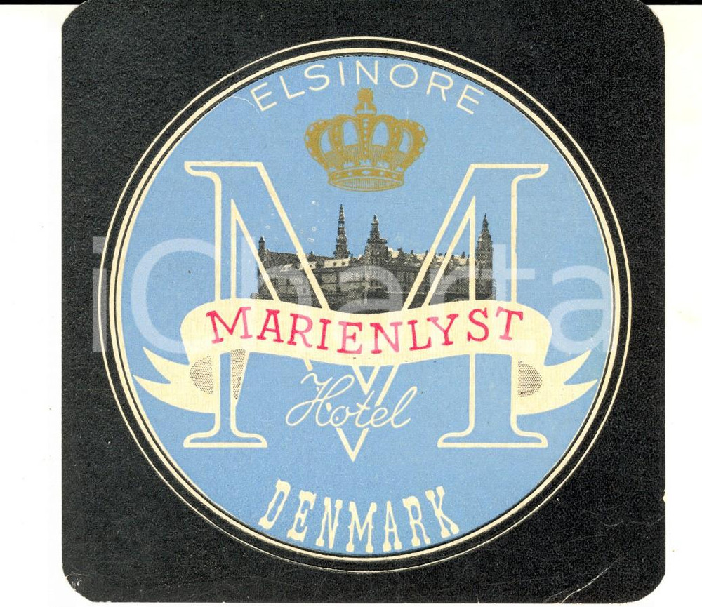 Materiale pubblicitario d’epoca 1950 ca HELSINGOR DENMARK Marienlyst Hotel  Etichetta pubblicitaria 12x12 1 1