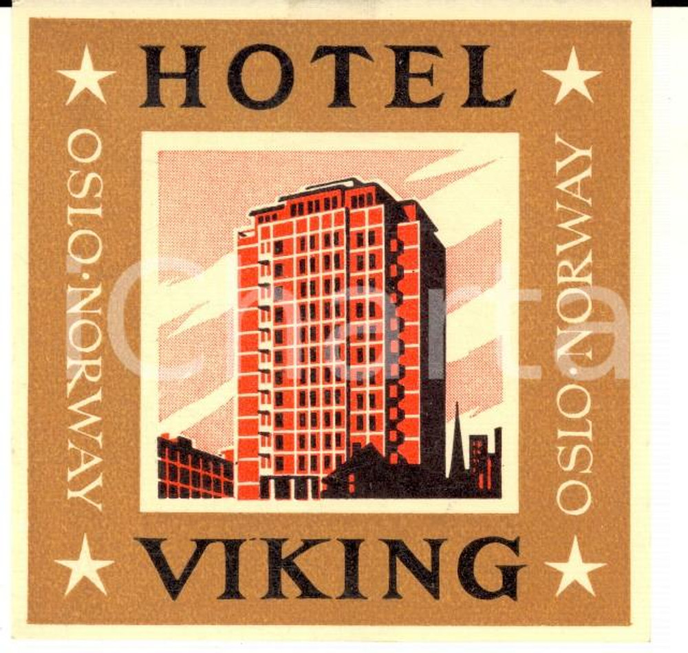 Materiale pubblicitario d’epoca 1950 ca OSLO NORWAY Hotel VIKING Etichetta pubblicitaria ILLUSTRATA 8x8 1