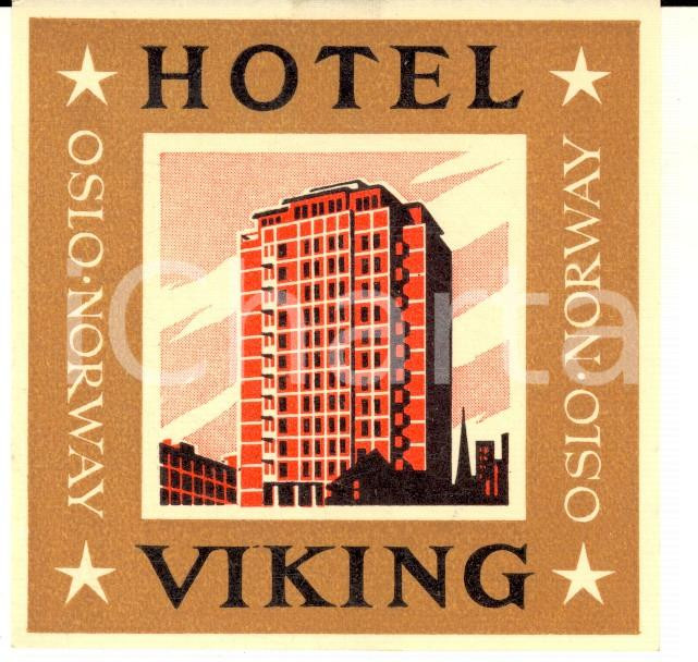 Materiale pubblicitario d’epoca 1950 ca OSLO NORWAY Hotel VIKING Etichetta pubblicitaria ILLUSTRATA 8x8 1