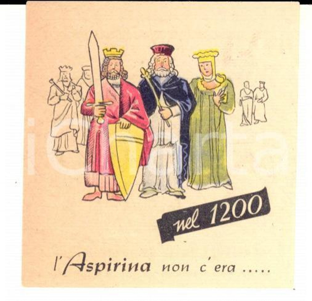 Materiale pubblicitario d’epoca 1941 BAYER ASPIRINA Biglietto pubblicitario COSTUMI MEDIEVALI 6x6 cm 1
