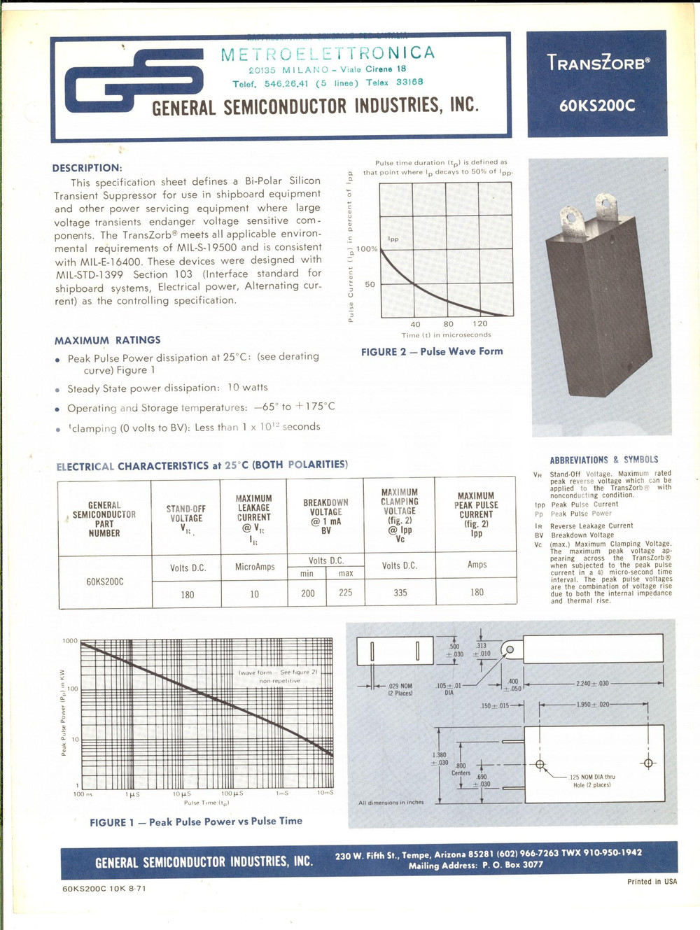 Materiale pubblicitario d’epoca 1971 TEMPE GENERAL SEMICONDUCTORS INDUSTRIES Transiert suppressor Volantino 1