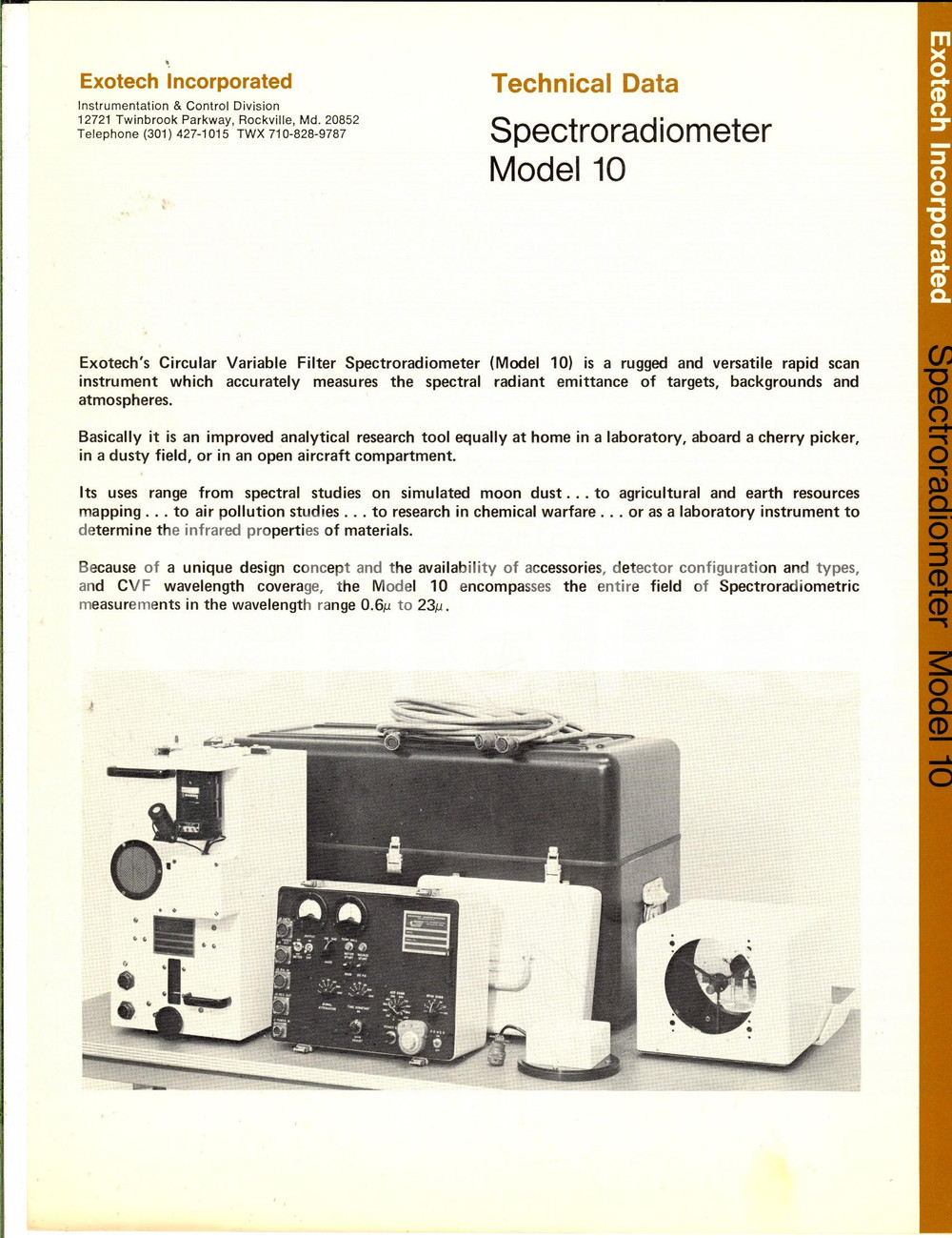 Materiale pubblicitario d’epoca 1970 ca EXOTECH INC. Spectroradiometer Model 10  Technical data Brochure 1