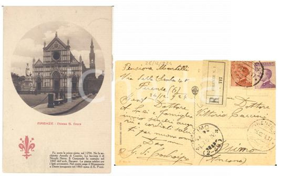 Cartolina originale da collezione 1924 STORIA POSTALE FIRENZE Chiesa S. CROCE Cartolina MICHETTI non dentellati 1