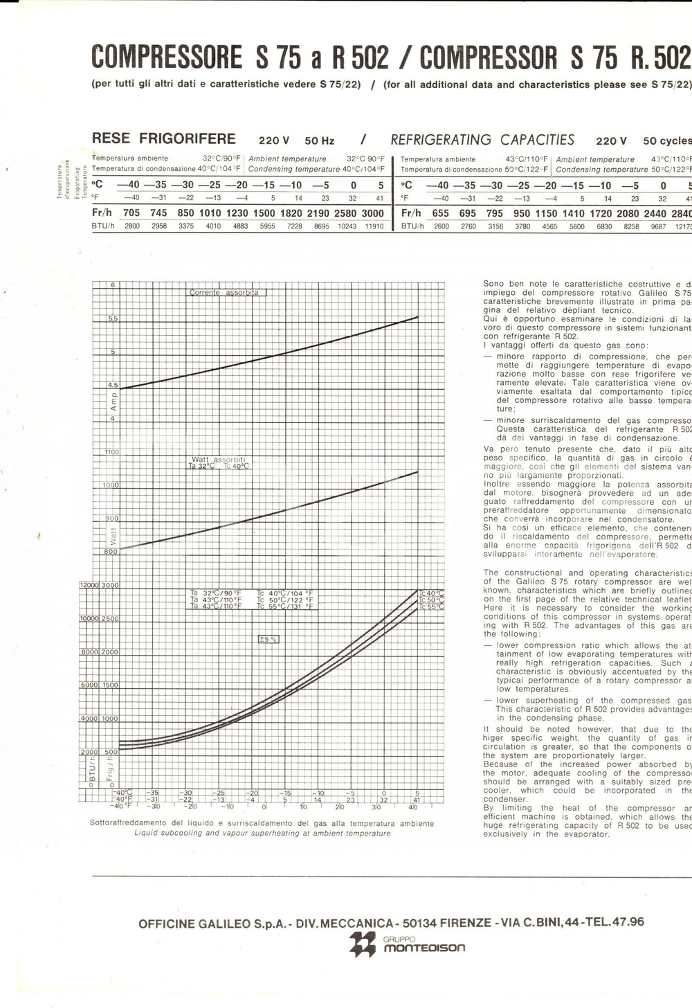 Materiale pubblicitario d’epoca 1976 OFFICINE GALILEO FIRENZE Compressore S75 R 502 Volantino pubblicitario 1