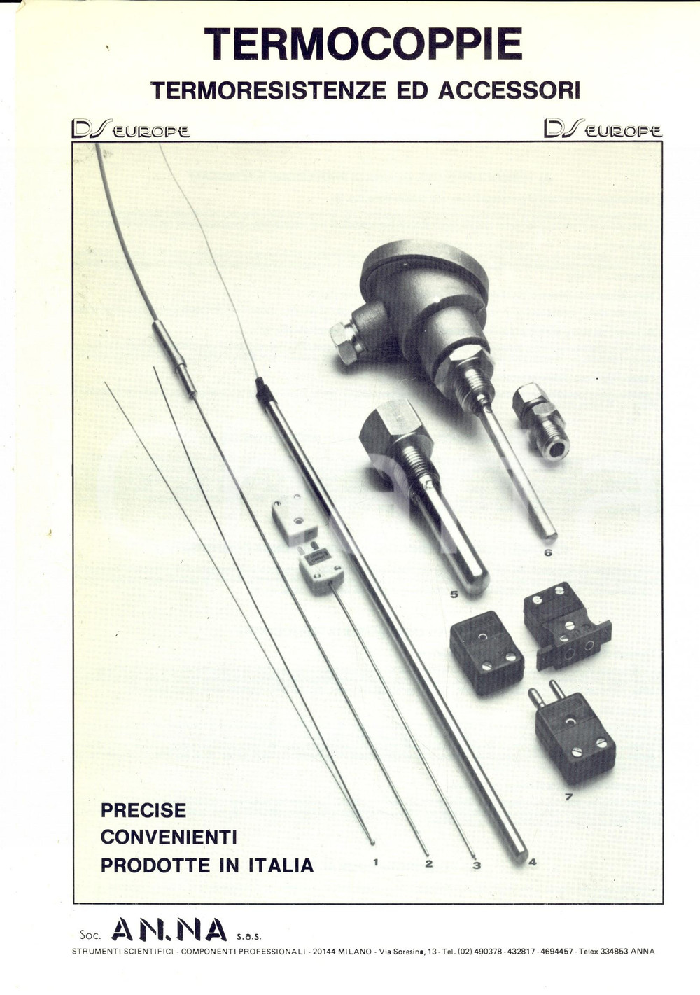 Materiale pubblicitario d’epoca 1980 ca MILANO SocietÃ  AN.NA Termocoppie e accessori Volantino ILLUSTRATO 1