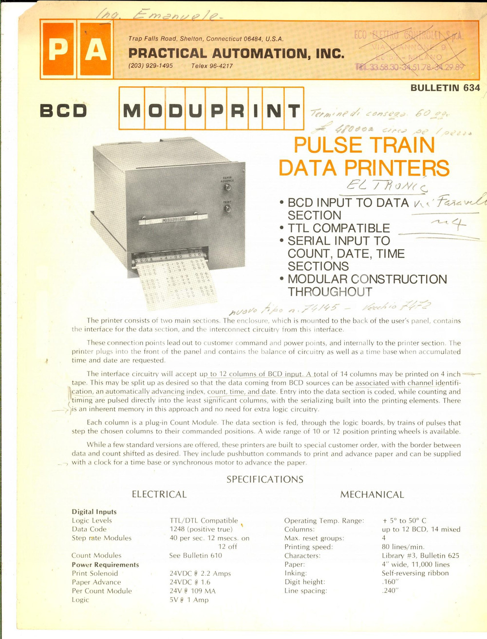 Libro, pubblicazione d epoca 1971 SHELTON PRACTICAL AUTOMATION Inc. Bulletin MODUPRINT  Data printers 1