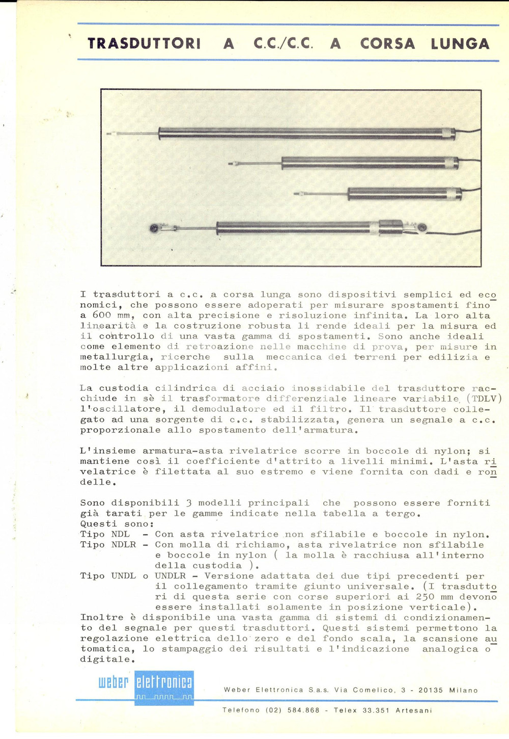 Materiale pubblicitario d’epoca 1980 ca MILANO WEBER Elettronica  Trasduttori a corsa lunga Volantino 1