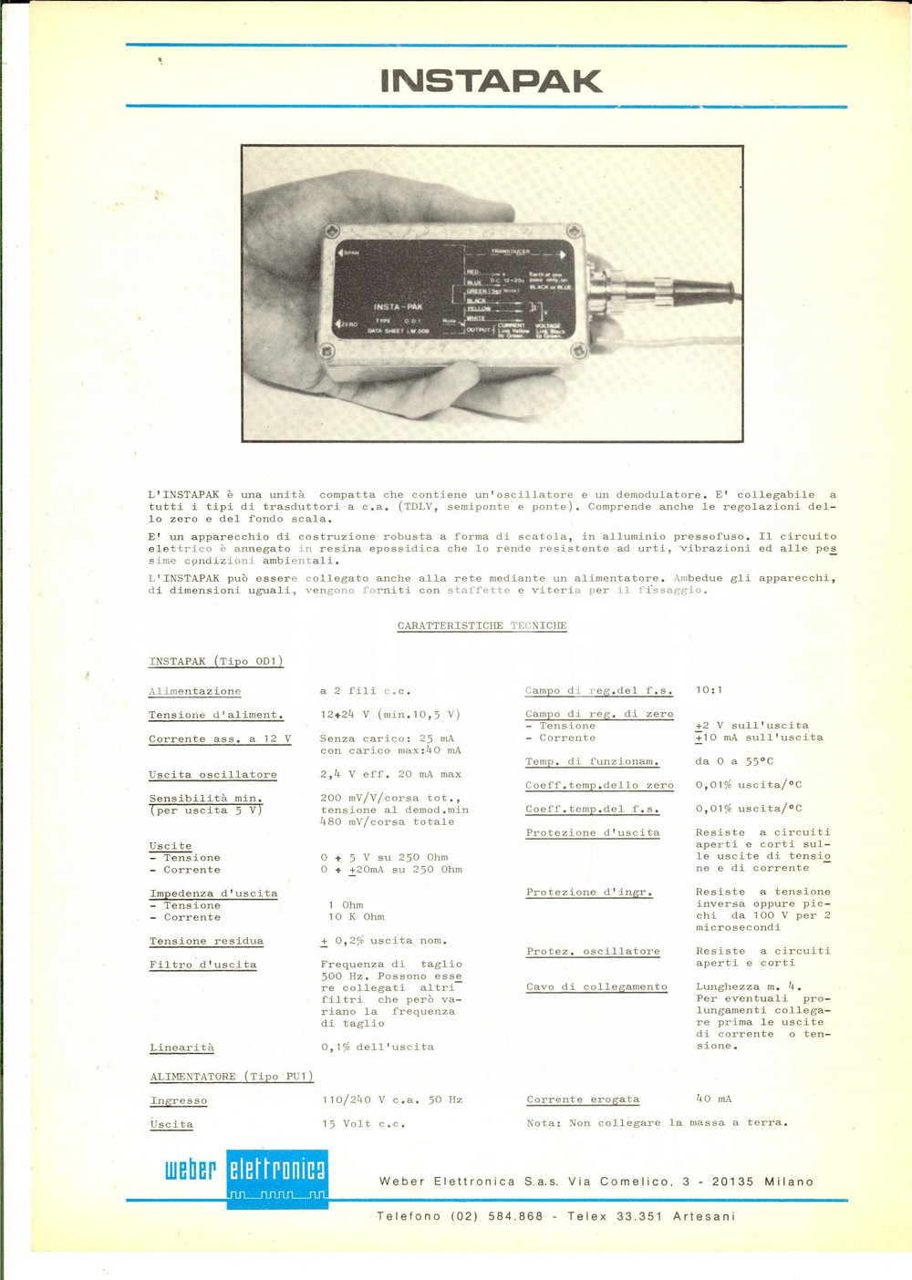 Materiale pubblicitario d’epoca 1980 ca MILANO WEBER Elettronica  Instapak Volantino pubblicitario 1
