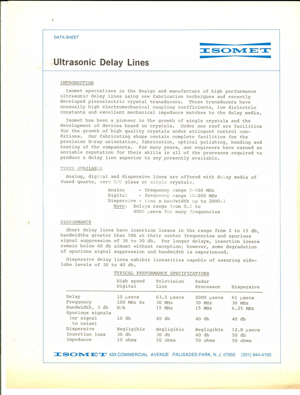 Materiale pubblicitario d’epoca 1980 ca PALISADES PARK ISOMET Ultrasonic delay lines Volantino pubblicitario 1