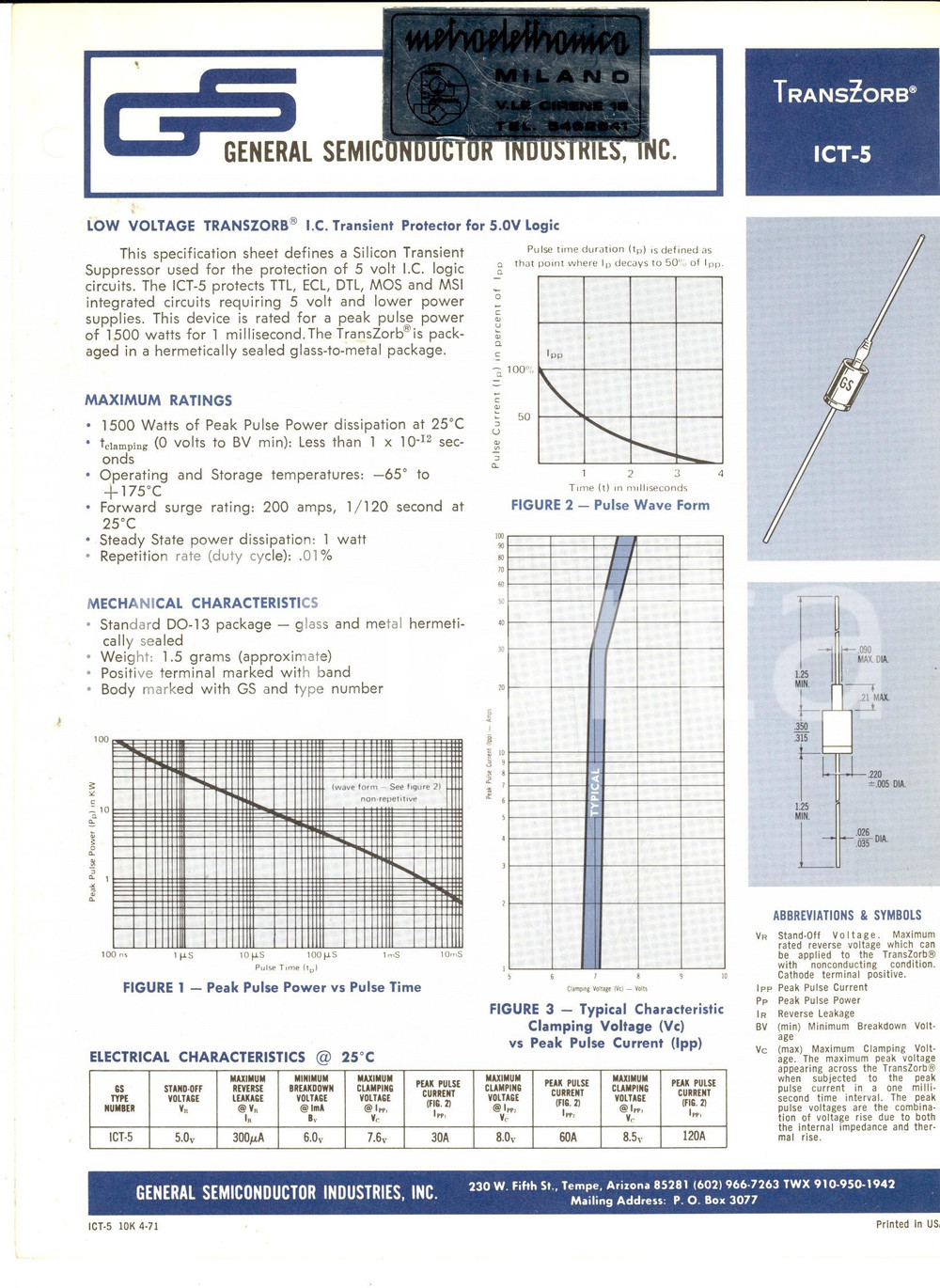 Materiale pubblicitario d’epoca 1971 TEMPE GENERAL SEMICONDUCTORS INDUSTRIES Transiert protector Volantino 1