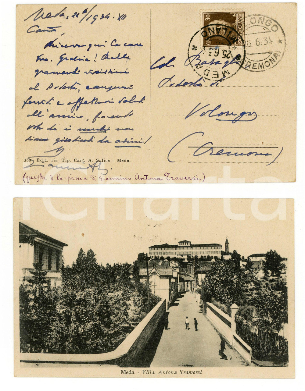 Autografo originale 1934 MEDA MI Veduta della villa Autografo Giannino ANTONA TRAVERSI FP VG 1
