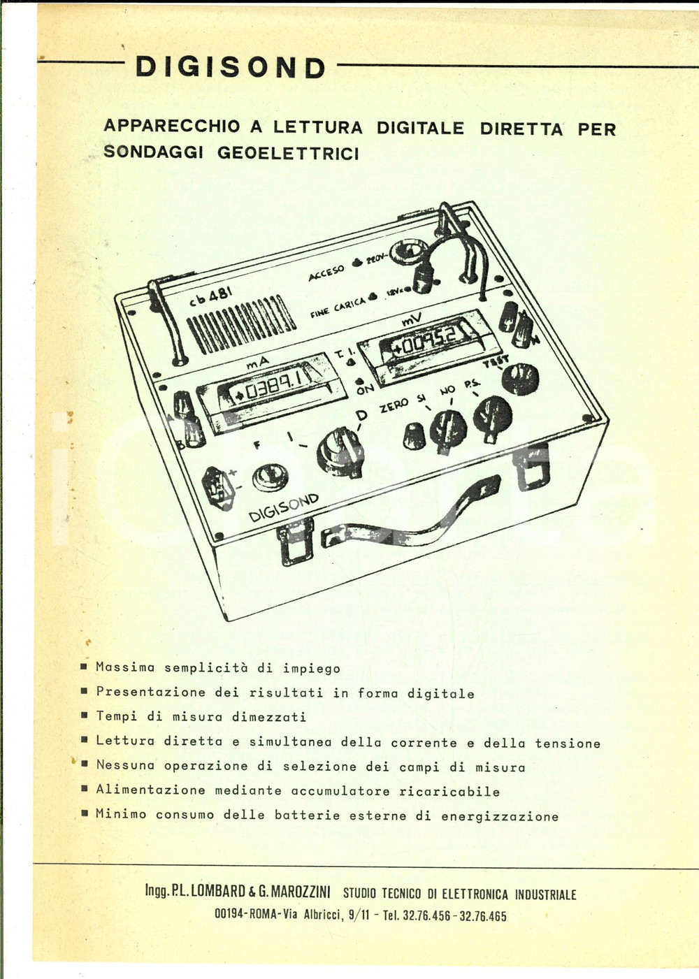 Materiale pubblicitario d’epoca 1970 ca ROMA Ingg. P. L. LOMBARD & G. MAROZZINI Apparecchio DIGISOND Volantino 1