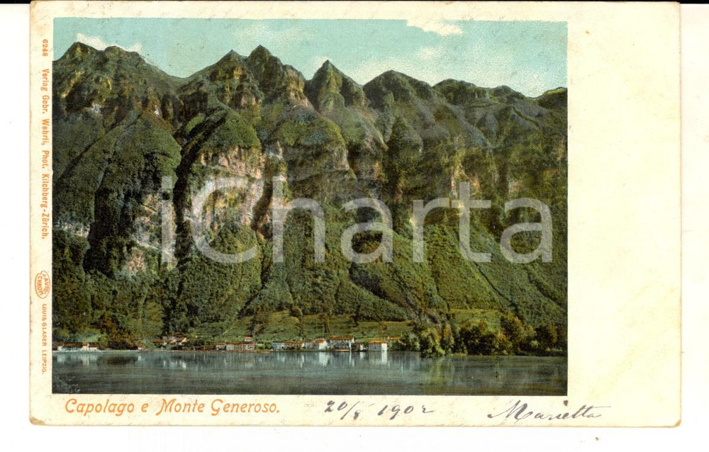 Cartolina originale da collezione 1902 CAPOLAGO SVIZZERA Veduta con il MONTE GENEROSO Cartolina FP VG 1