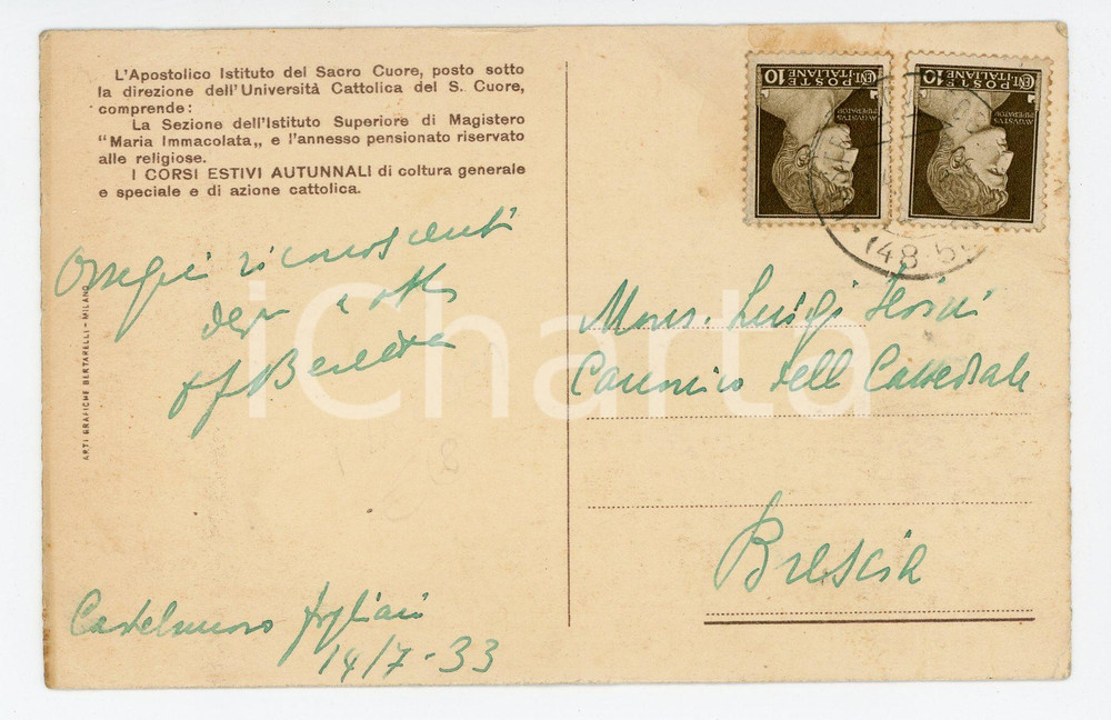 Cartolina originale da collezione 1933 CASTELNUOVO FOGLIANI Istituto del SACRO CUORE Cartolina padre BERETTA 1