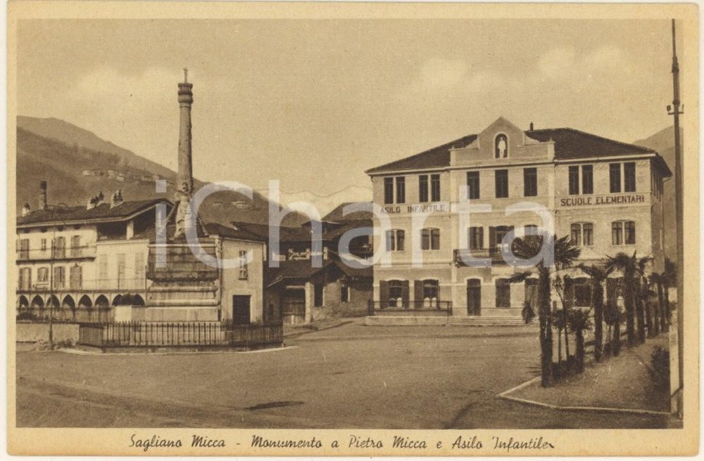 Cartolina originale da collezione 1930 ca SAGLIANO MICCA Monumento a Pietro MICCA e asilo infantile Cartolina 1